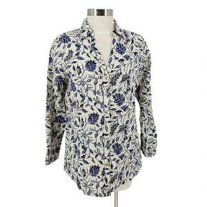 Rachel Zoe Linen Shirt Blue Floral Long Sleeve Button Up Collared Top